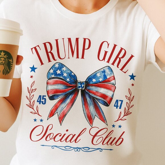 Comfort Colors Tee In White Featuring GLITTER "Trump Girl Social Club" Transfer - Picture 1 of 4